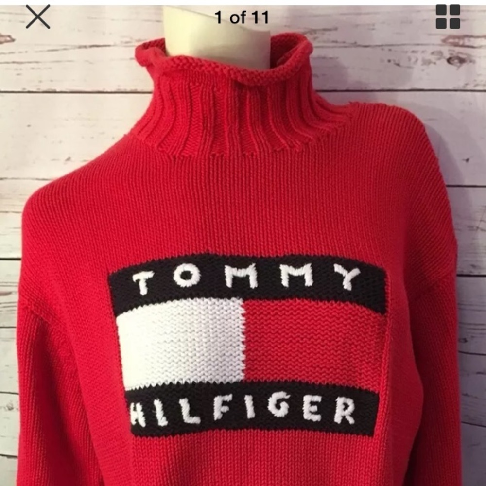 Tommy Hilfiger Spell Out Flag Sweater Red L Vntg
